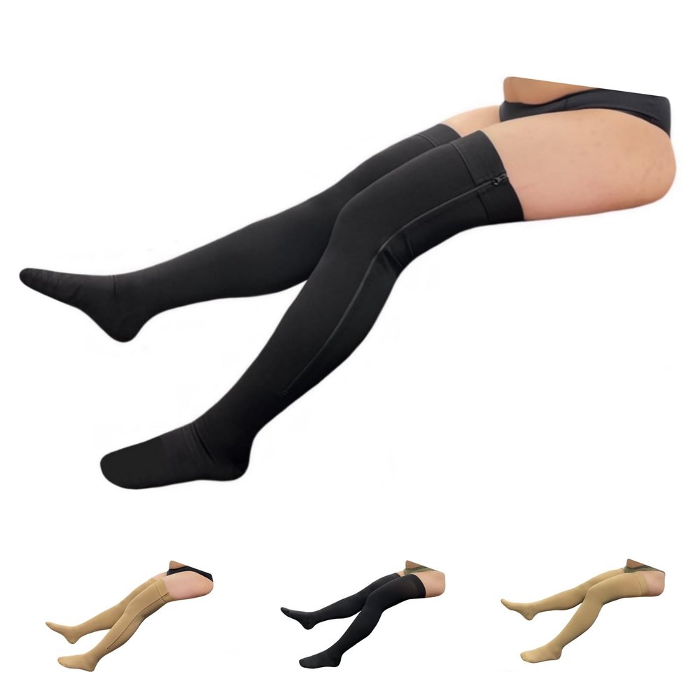 HealthyNees Thigh High 20-30 mmHg Compression Wide Stocking Zipper Closed Toe (Large-X-Large, With Zipper Black)
