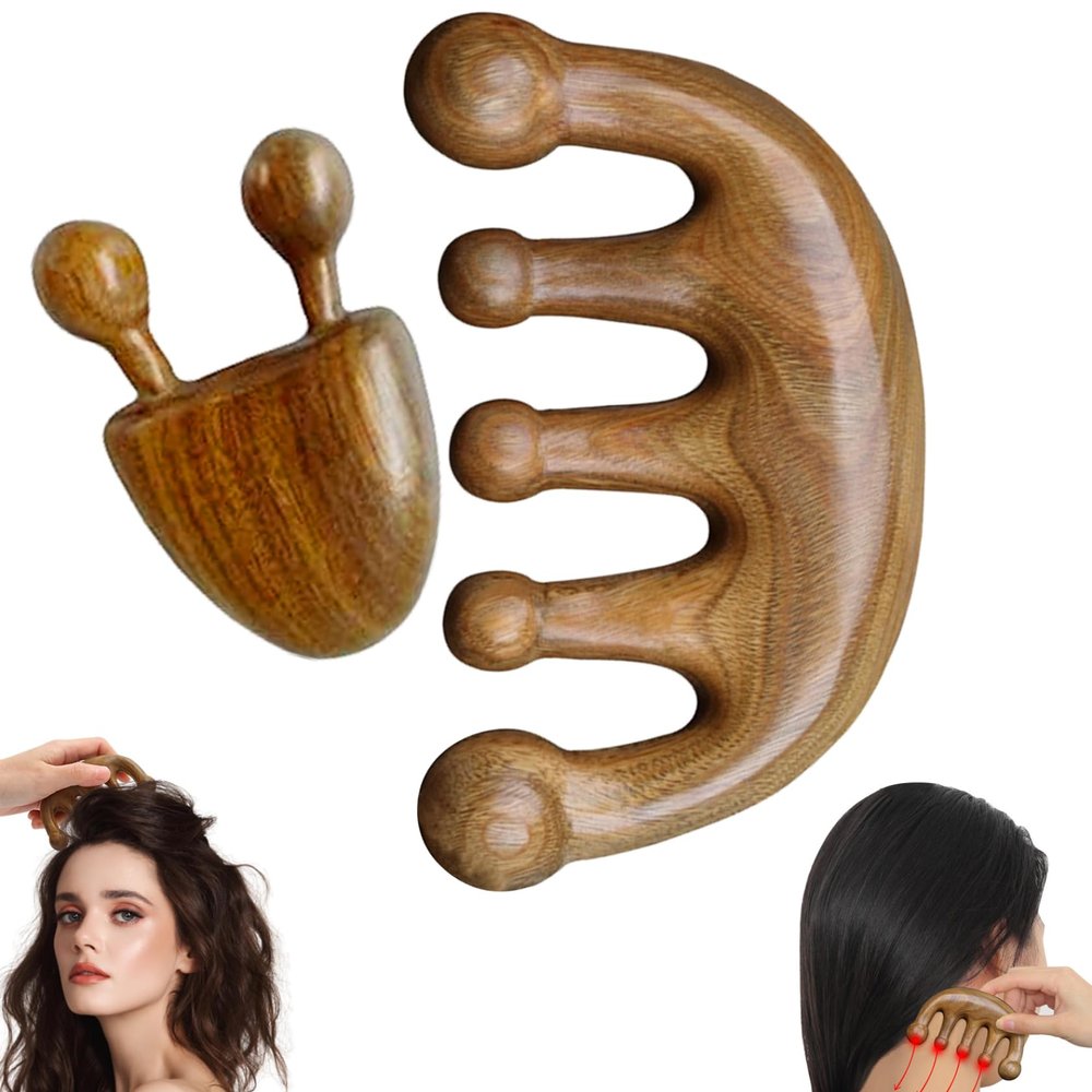 2PCS Narural Lymphatic Drainage Massager Round Wide Tooth No-Static Head Sandalwood Massage Comb Multi Functional Handheld Scalp Massager for Hair Scalp Face Lift Tools