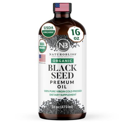 NaturoBliss Organic Black Seed Oil 100 Virgin Cold Pressed in Glass Bottle Omega 3 6 9 Super Antioxidant Immune Support Joints Mobility Digestion Hair Skin Vegan Gluten-Free NonGMO USDA Certified 16oz