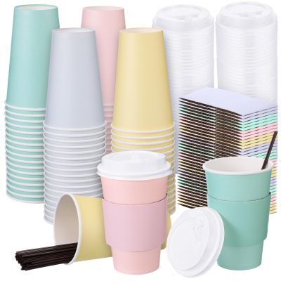 Bokon 100 Pack Disposable Coffee Cups 16 oz Spring Paper Coffee Cups Bulk with Lids Sleeves Straws Pastel Disposable Insulated Drinking for Hot Cold Beverage Tea Drinks Easter Party Supply, 4 Colors