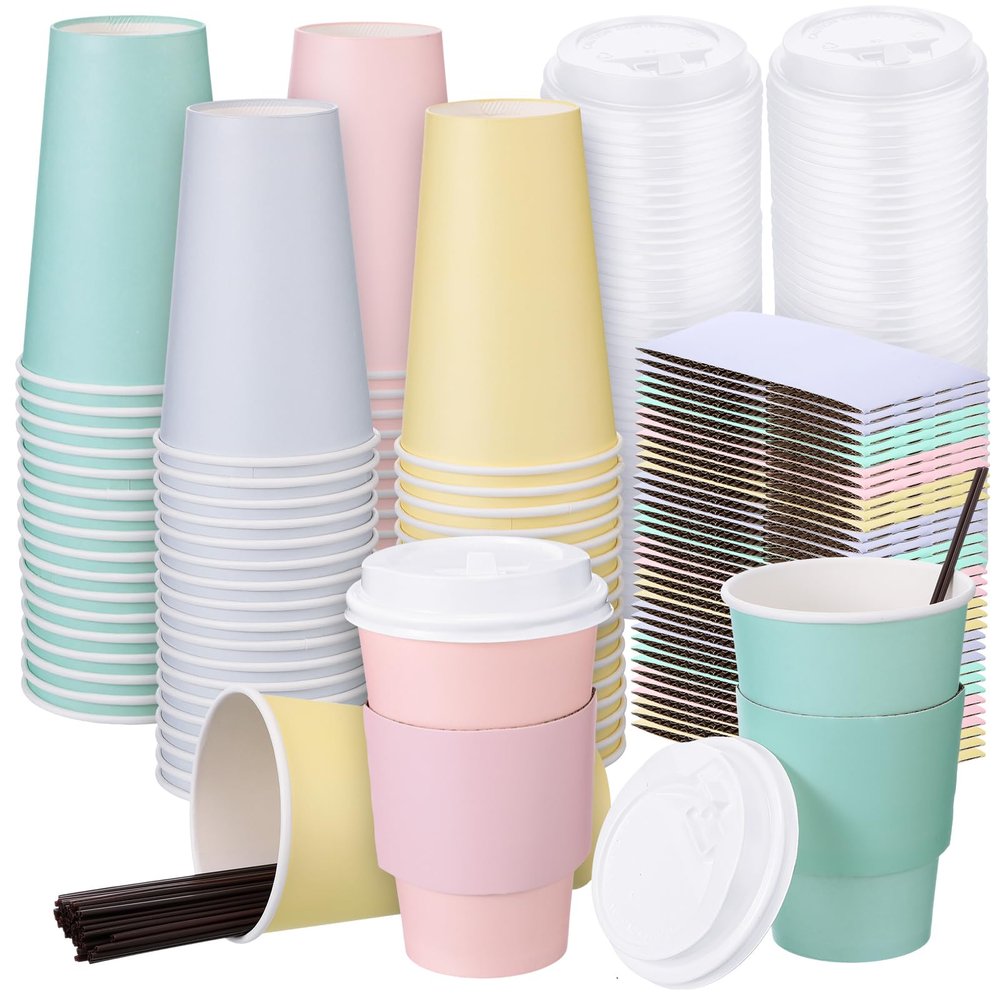 Bokon 100 Pack Disposable Coffee Cups 16 oz Spring Paper Coffee Cups Bulk with Lids Sleeves Straws Pastel Disposable Insulated Drinking for Hot Cold Beverage Tea Drinks Easter Party Supply, 4 Colors