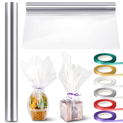 Tigeen Clear Cellophane Wrap Roll with 6 Rolls Ribbons, 16'' x 100 ft 2.3 Mil Translucent Thick Cellophane Paper for Candy Baskets Packaging for Birthday Party Gifts(Translucent)