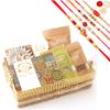 Ghasitaram Gifts Jaiccha Rakhi Gifts for Brothers - Jute Metal Rectangle Basket with Kaju Katli and Milk Cake with 5 Rakhis view 1