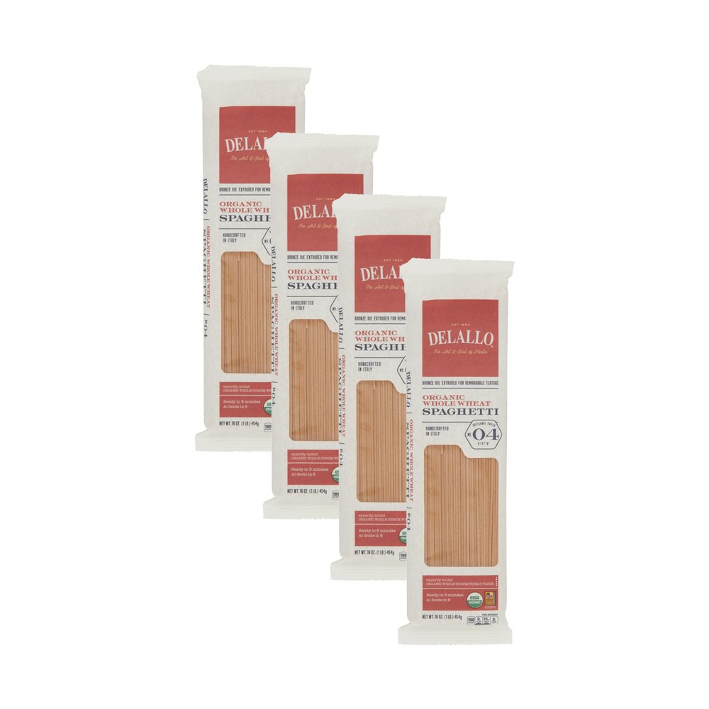 DeLallo Whole Wheat Spaghetti, 1 Pound Bag, 4 Pack, 100% Organic Noodles, Pasta from Italy, Whole Grain, Cooks Al Dente
