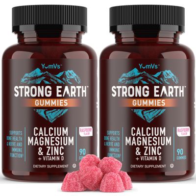 YUM-V'S Calcium, Magnesium, Zinc & Vitamin D Gummies, Cal Mag Chewable Supplement, Vegetarian Kosher Halal Natural Raspberry Flavor Gummies for Adults Women & Men - 90 Count (Pack of 2)