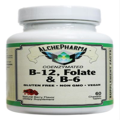 AlchePharma Coenzymated B-12, Folate & B-6, 60 Chewable Tablets, Natural Berry Flavor, with Methylcobalamin B12, P-5-P B6, and Magnafolate-C L-5-MTHF, Vegan, Non-GMO & Gluten-Free