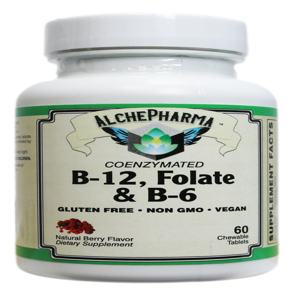 AlchePharma Coenzymated B-12, Folate & B-6, 60 Chewable Tablets, Natural Berry Flavor, with Methylcobalamin B12, P-5-P B6, and Magnafolate-C L-5-MTHF, Vegan, Non-GMO & Gluten-Free