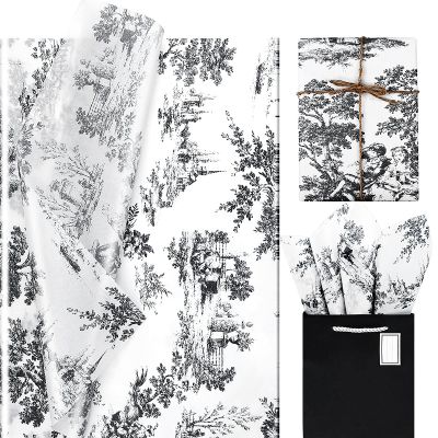80 Sheets 20 * 14 Inches Vintage Print Tissue Paper for Gift Wrapping, Blue French Toile Gift Wrap Tissue Paper, Retro Decorative Tissue Paper for Wedding Birthday Bridal Shower DIY Craft (Black)