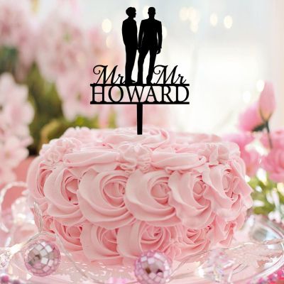 Mr & Mr Birthday Cupcake Topper Black Two Grooms LGBT Cup Cake Topper for Wedding Jubilee Decoration Supplies Cute Personalized LGBTQ Same Sex Black Acrylic Black