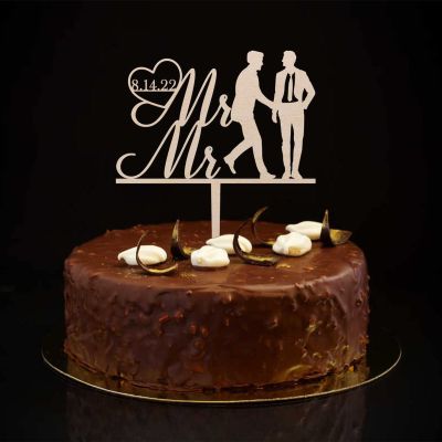 Mr & Mr Cake Topper Wooden Two Grooms LGBT Cupcake Topper Couple Groom And Groom Acrylic Black Baby Shower Engagement Cake Supplies Decorations Reusable Gifts for Girls Adults