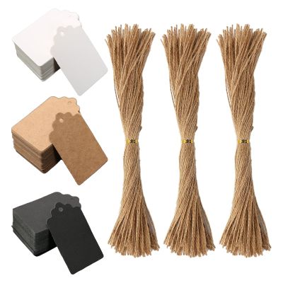 300 Pcs Blank Kraft Paper Gift Tags with Jute Twine Paper Gift Tags with String Hang Tags Gift Wrap Tags Gift Bags Tags for Christmas Wedding Birthday Party, 2" x 1.2", Brown, Black, White