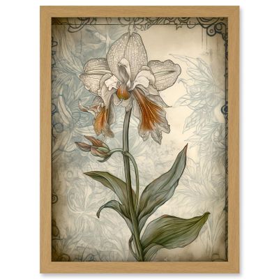 Artery8 Single Orchid Flower Pastel Colour Art Nouveau Artwork Framed A3 Wall Art Print