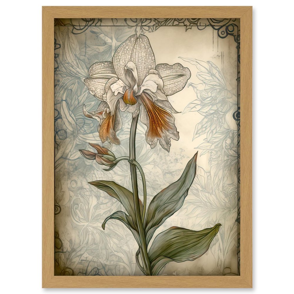 Artery8 Single Orchid Flower Pastel Colour Art Nouveau Artwork Framed A3 Wall Art Print