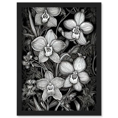 Artery8 White on Black Blooming Orchid Flower Plants Artwork Framed A3 Wall Art Print