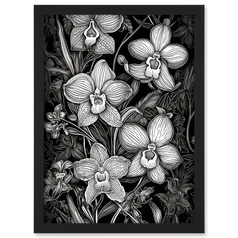Artery8 White on Black Blooming Orchid Flower Plants Artwork Framed A3 Wall Art Print