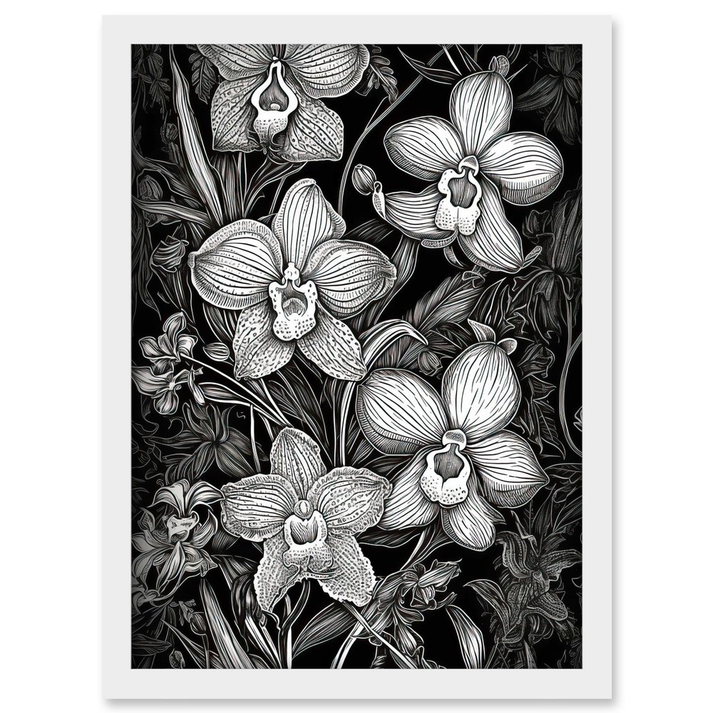 Artery8 White on Black Blooming Orchid Flower Plants Artwork Framed A3 Wall Art Print
