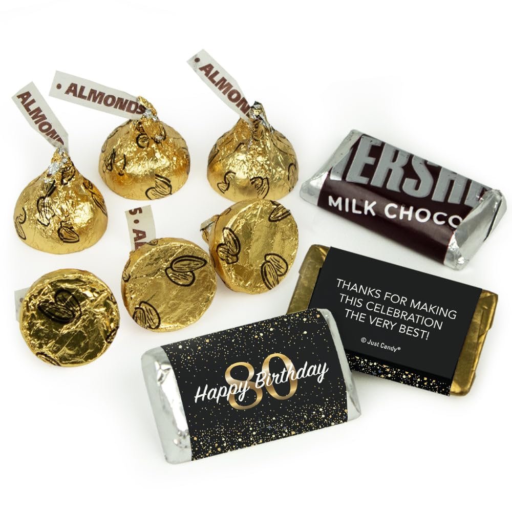 124 Pcs 80th Birthday Candy Party Favors Miniatures Chocolate & Gold Almond Kisses (1.52 lbs, Approx. 124 Pcs)