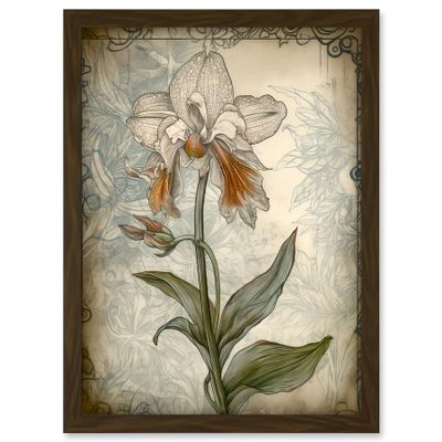 Artery8 Single Orchid Flower Pastel Colour Art Nouveau Artwork Framed A3 Wall Art Print