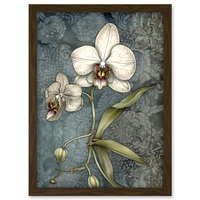 Artery8 Orchid Flower Blooms Pastel Colour Art Nouveau Artwork Framed A3 Wall Art Print