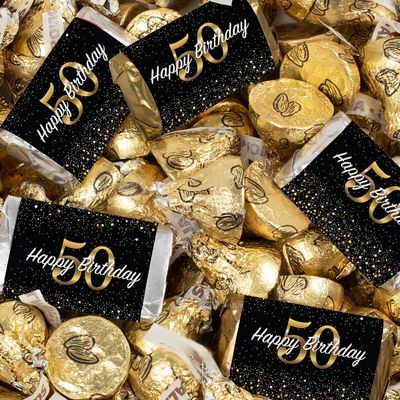 131 Pcs 50th Birthday Candy Party Favors Miniatures Chocolate & Gold Almond Kisses (1.65 lbs, Approx. 131 Pcs)