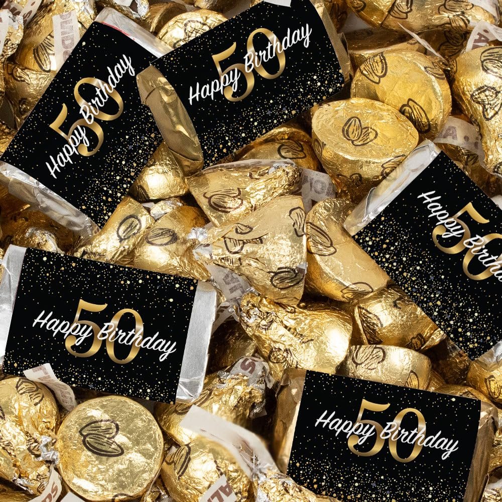 131 Pcs 50th Birthday Candy Party Favors Miniatures Chocolate & Gold Almond Kisses (1.65 lbs, Approx. 131 Pcs)