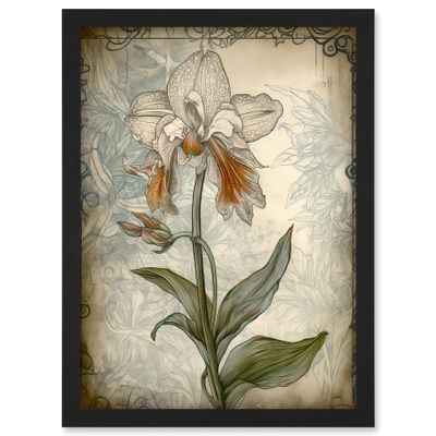 Artery8 Single Orchid Flower Pastel Colour Art Nouveau Artwork Framed A3 Wall Art Print