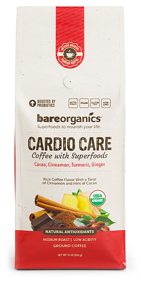 Cardio Care Organic Ground Bagged Coffee  Probiotic Coffee with Cacao, Ginger, Turmeric & Cinnamon  Healthy Superfood, Mold Free, Vegan, Gluten Free - 10 oz