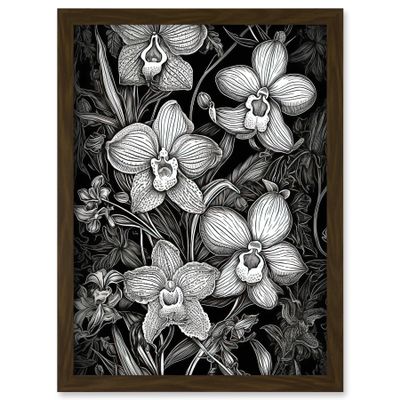 Artery8 White on Black Blooming Orchid Flower Plants Artwork Framed A3 Wall Art Print