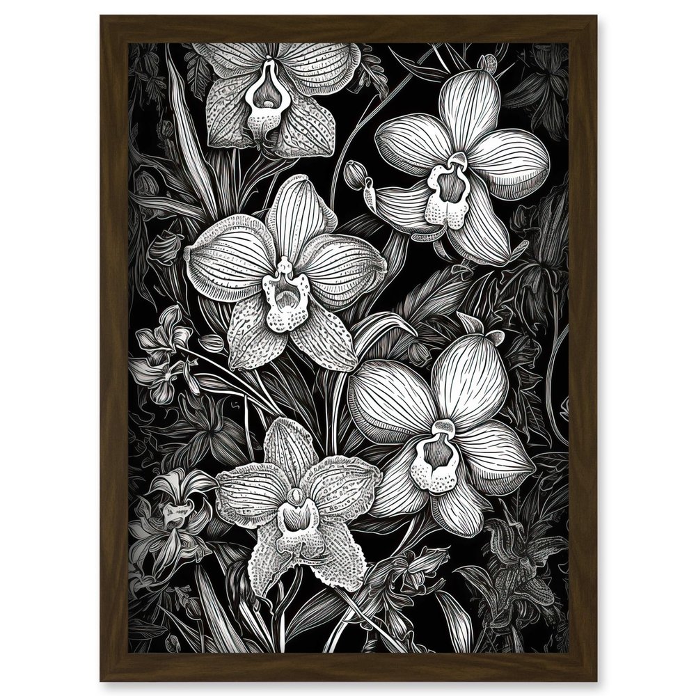 Artery8 White on Black Blooming Orchid Flower Plants Artwork Framed A3 Wall Art Print