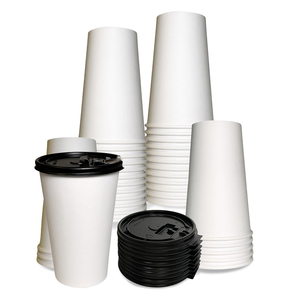 16 oz Disposable White Paper Coffee Cups with Black Flat Lids, Recyclable Hot/Cold Beverage Paper Drinking Cups with Lids for Tea, Water, Coffee, Travel, Picnic, Breakroom, Office (400 PACK)