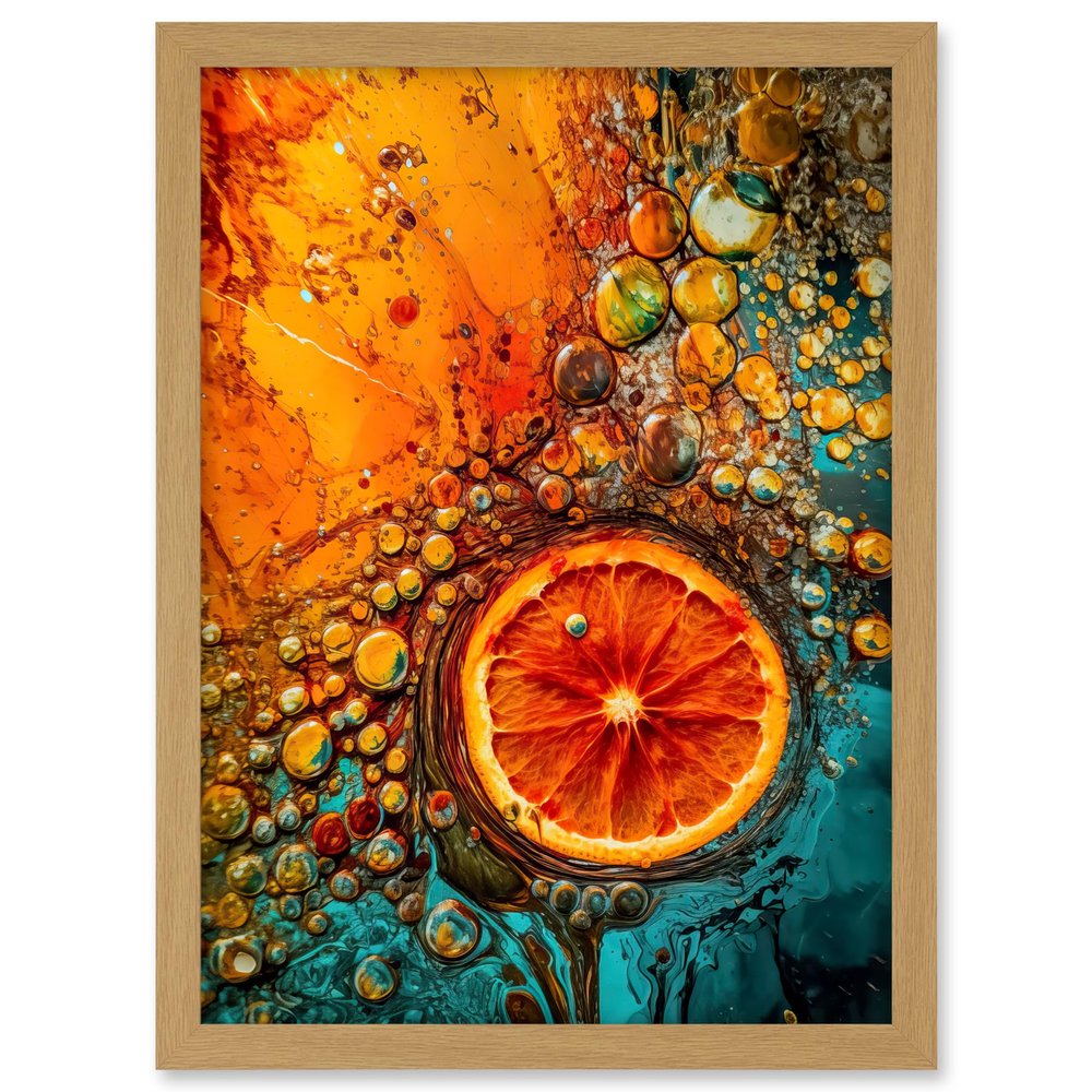 Artery8 Abstract Liquid Paint Dried Orange Fruit Slice Artwork Framed A3 Wall Art Print