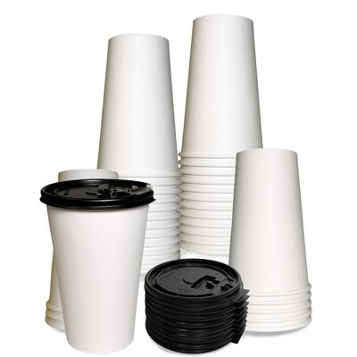 20 oz Disposable White Paper Coffee Cups with Black Flat Lids, Recyclable Hot/Cold Beverage Paper Drinking Cups with Lids for Tea, Water, Coffee, Travel, Picnic, Breakroom, Office (500 PACK)