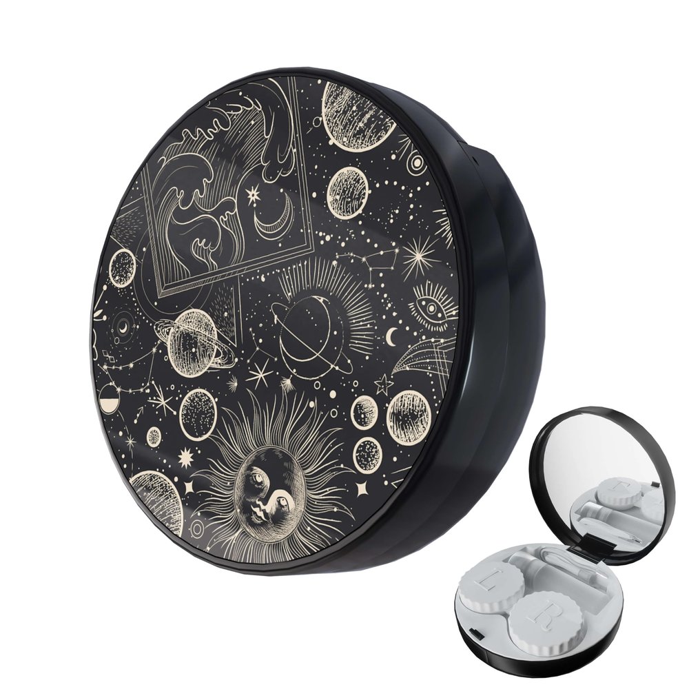 LRITER Contact Lens Case, Portable with Mirror, a Variety of Patterns and Shapes to Choose from, Auitable for Daily Makeup Office Travel Outdoor Use (Black Universe)