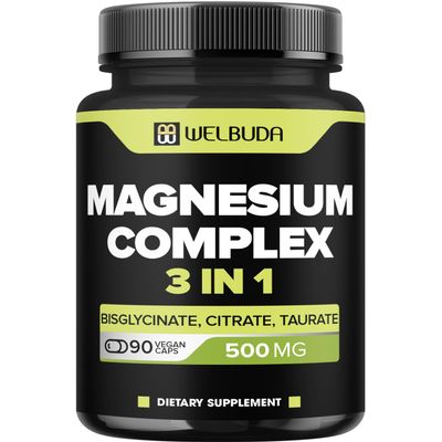 3in1 Magnesium Complex 20% Purified - 500mg of Magnesium Bisglycinate, Citrate & Oxide for Muscle, Relaxation Mood, Bone Health & More - 90 Capsules
