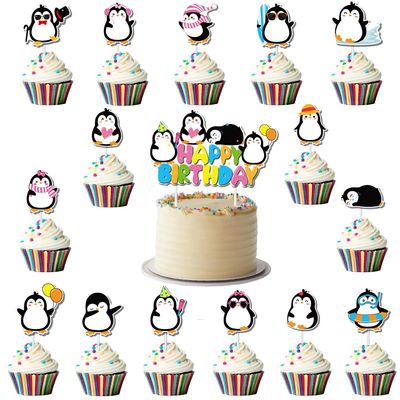 16PCS Penguin Cake Topper Decoration Set, Carton Cute Penguin Happy Birthday Cake Toppers with Cupcake Toppers, Penguin Cake Decor for Baby Shower Birthday Party