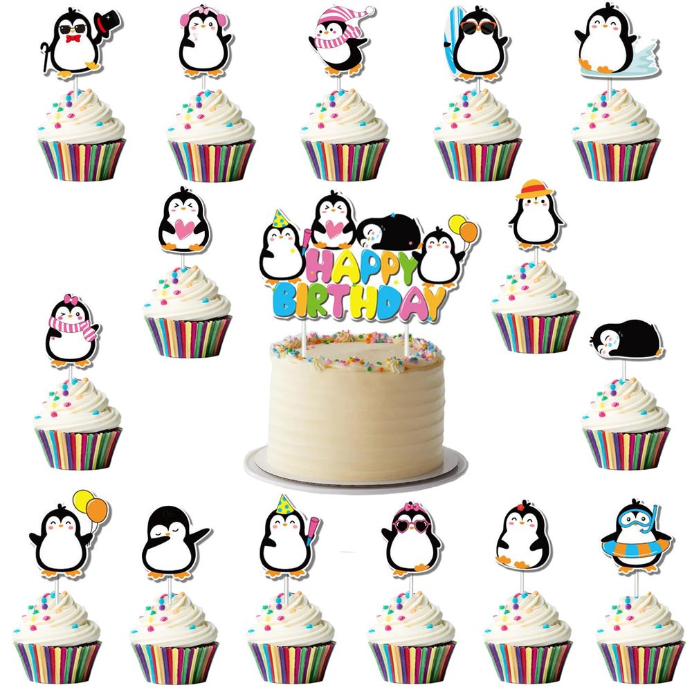 16PCS Penguin Cake Topper Decoration Set, Carton Cute Penguin Happy Birthday Cake Toppers with Cupcake Toppers, Penguin Cake Decor for Baby Shower Birthday Party