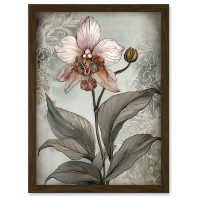 Artery8 Art Nouveau Pink Orchid Bloom Flower Watercolour Artwork Framed Wall Art Print A4