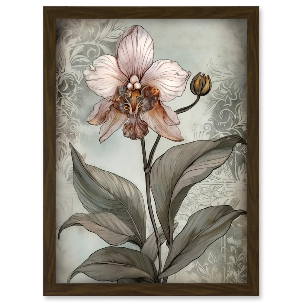 Artery8 Art Nouveau Pink Orchid Bloom Flower Watercolour Artwork Framed Wall Art Print A4