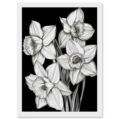 Artery8 Daffodil Wildflower Plant Blooms Black and White Artwork Framed Wall Art Print A4