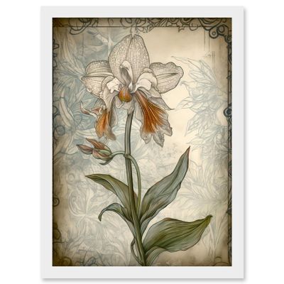 Artery8 Single Orchid Flower Pastel Colour Art Nouveau Artwork Framed Wall Art Print A4
