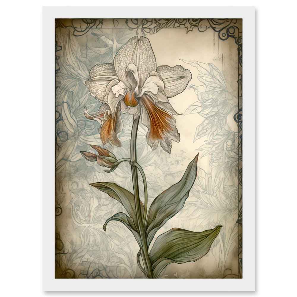 Artery8 Single Orchid Flower Pastel Colour Art Nouveau Artwork Framed Wall Art Print A4