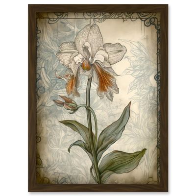 Artery8 Single Orchid Flower Pastel Colour Art Nouveau Artwork Framed Wall Art Print A4