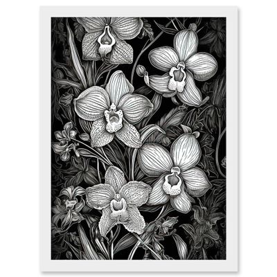 Artery8 White on Black Blooming Orchid Flower Plants Artwork Framed Wall Art Print A4