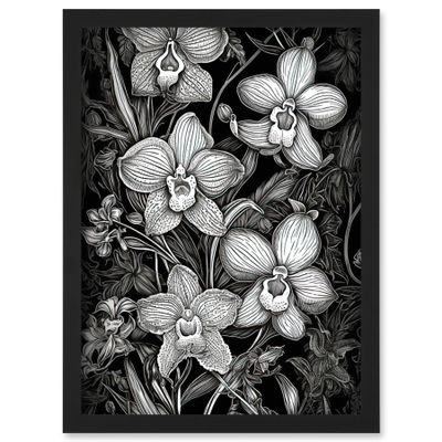 Artery8 White on Black Blooming Orchid Flower Plants Artwork Framed Wall Art Print A4