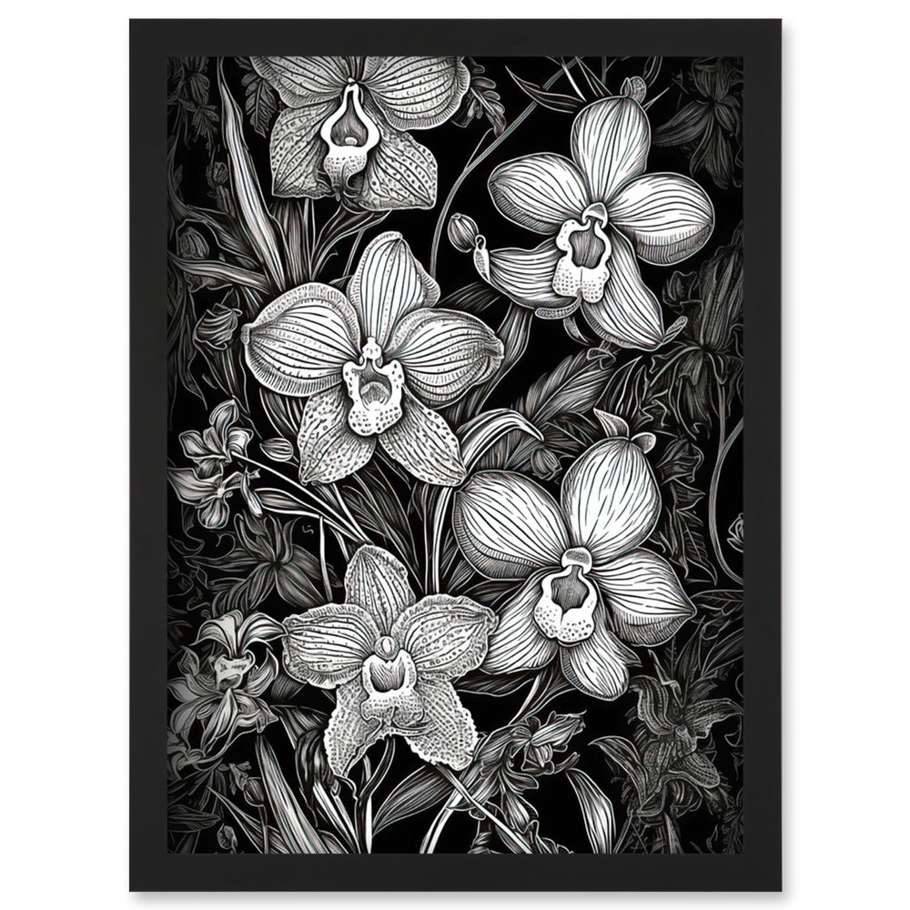 Artery8 White on Black Blooming Orchid Flower Plants Artwork Framed Wall Art Print A4