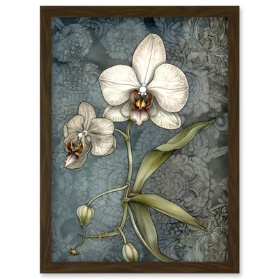 Artery8 Orchid Flower Blooms Pastel Colour Art Nouveau Artwork Framed Wall Art Print A4