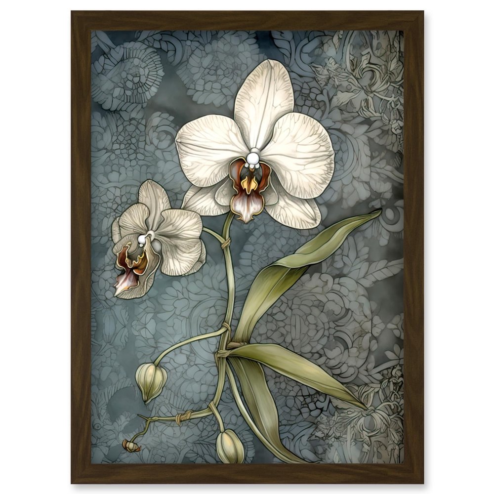 Artery8 Orchid Flower Blooms Pastel Colour Art Nouveau Artwork Framed Wall Art Print A4