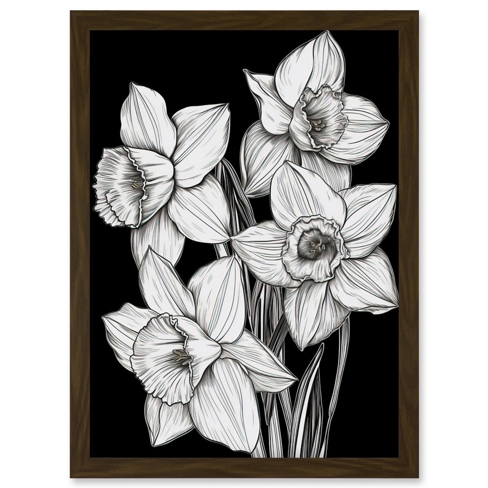 Artery8 Daffodil Wildflower Plant Blooms Black and White Artwork Framed Wall Art Print A4