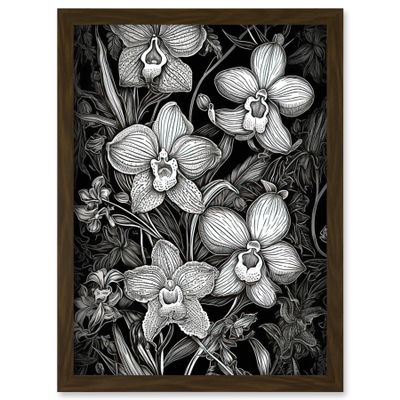 Artery8 White on Black Blooming Orchid Flower Plants Artwork Framed Wall Art Print A4