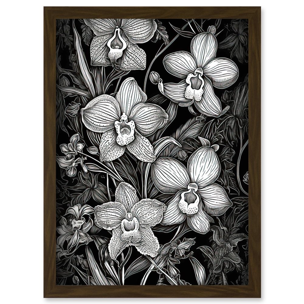 Artery8 White on Black Blooming Orchid Flower Plants Artwork Framed Wall Art Print A4
